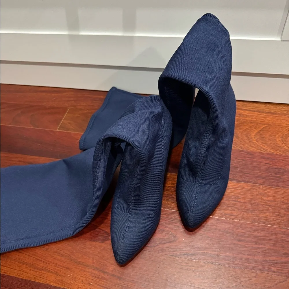 Neiman Marcus Navy Blue Over-the-Knee Ribbed Pointed Toe Boots